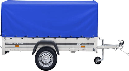 UNITRAILER Car Trailer 230 x 125 cm Garden Trailer 230 Tilting 750 kg with Jockey Wheel, Blue Tarpaulin and High Arrow