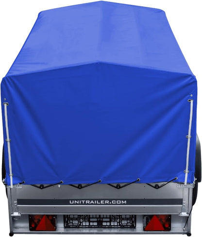 UNITRAILER Car Trailer 230 x 125 cm Garden Trailer 230 Tilting 750 kg with Jockey Wheel, Blue Tarpaulin and High Arrow