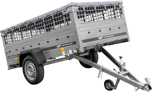 UNITRAILER Large Trailer 230 x 125 cm with Flat Tarpaulin, Mesh and Jockey Wheel - Garden Trailer 230 Kipp