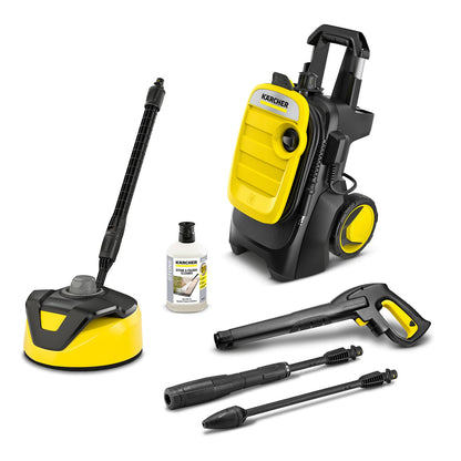 Kärcher Hochdruckreiniger K 5 Compact Home, Druck: max. 145 bar, Durchfluss: max. 500 l/h, Flächenleistung: 40 m²/h, Wasserfilter, Gewicht: 12 kg, mit Flächenreiniger T 5, Stein- und Fassadenreiniger