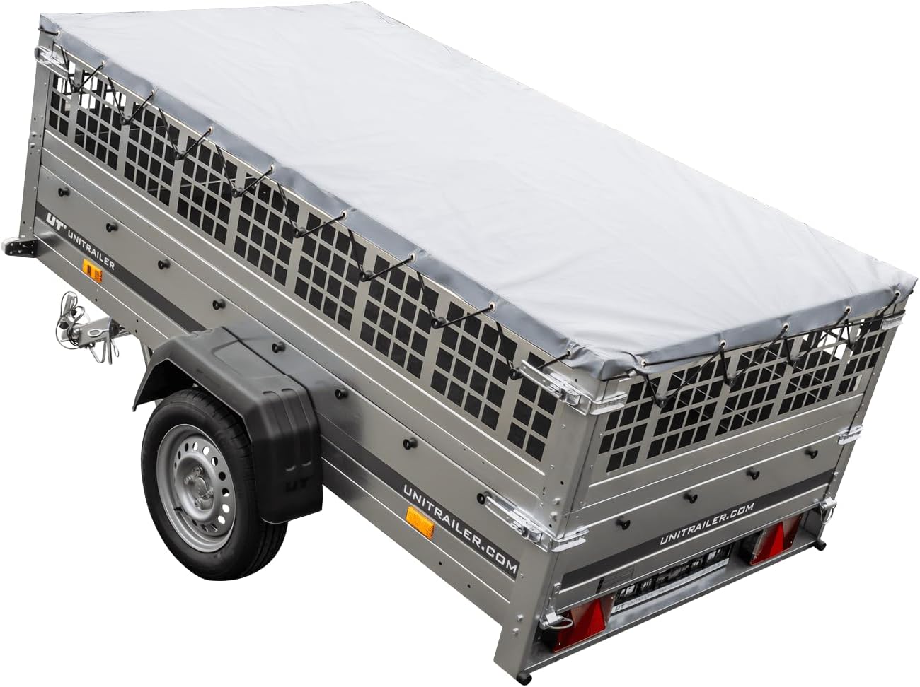 UNITRAILER Large Trailer 230 x 125 cm with Flat Tarpaulin, Mesh and Jockey Wheel - Garden Trailer 230 Kipp