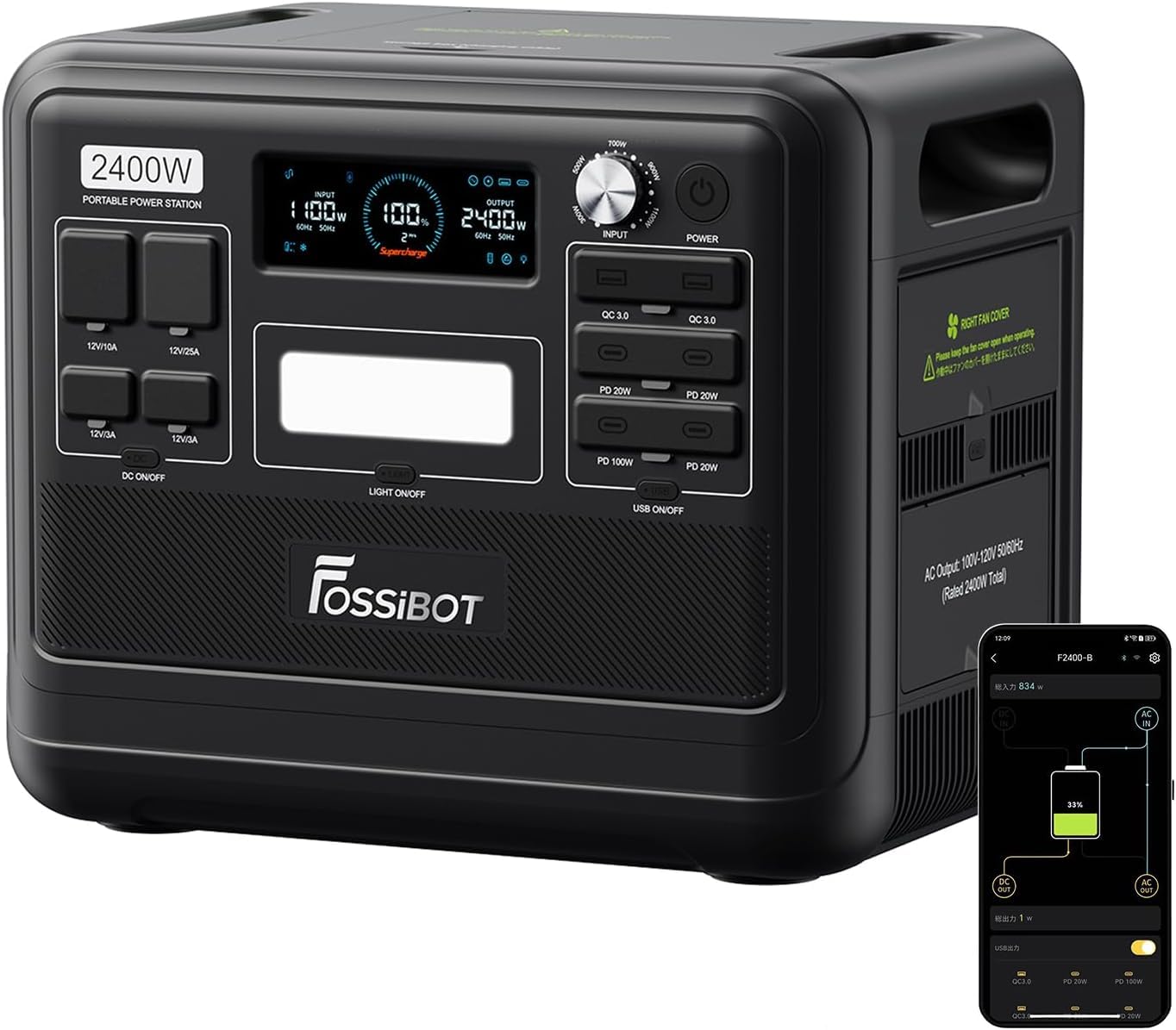 FOSSIBOT F2400 Solargenerator, Tragbare Powerstation 2048Wh LiFePO4 Batterie-Backup mit 2400W AC Ausgängen (4800W Peak), Power station für Outdoor-Camping, Wohnmobil-Reisen, Hausgebrauch