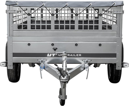 UNITRAILER Large Trailer 230 x 125 cm with Flat Tarpaulin, Mesh and Jockey Wheel - Garden Trailer 230 Kipp