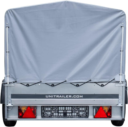UNITRAILER Trailer Car 230 x 125 cm Garden Trailer 230 Tilting Unitrailer 750 kg with Jockey Wheel, Tarpaulin and High Arrow