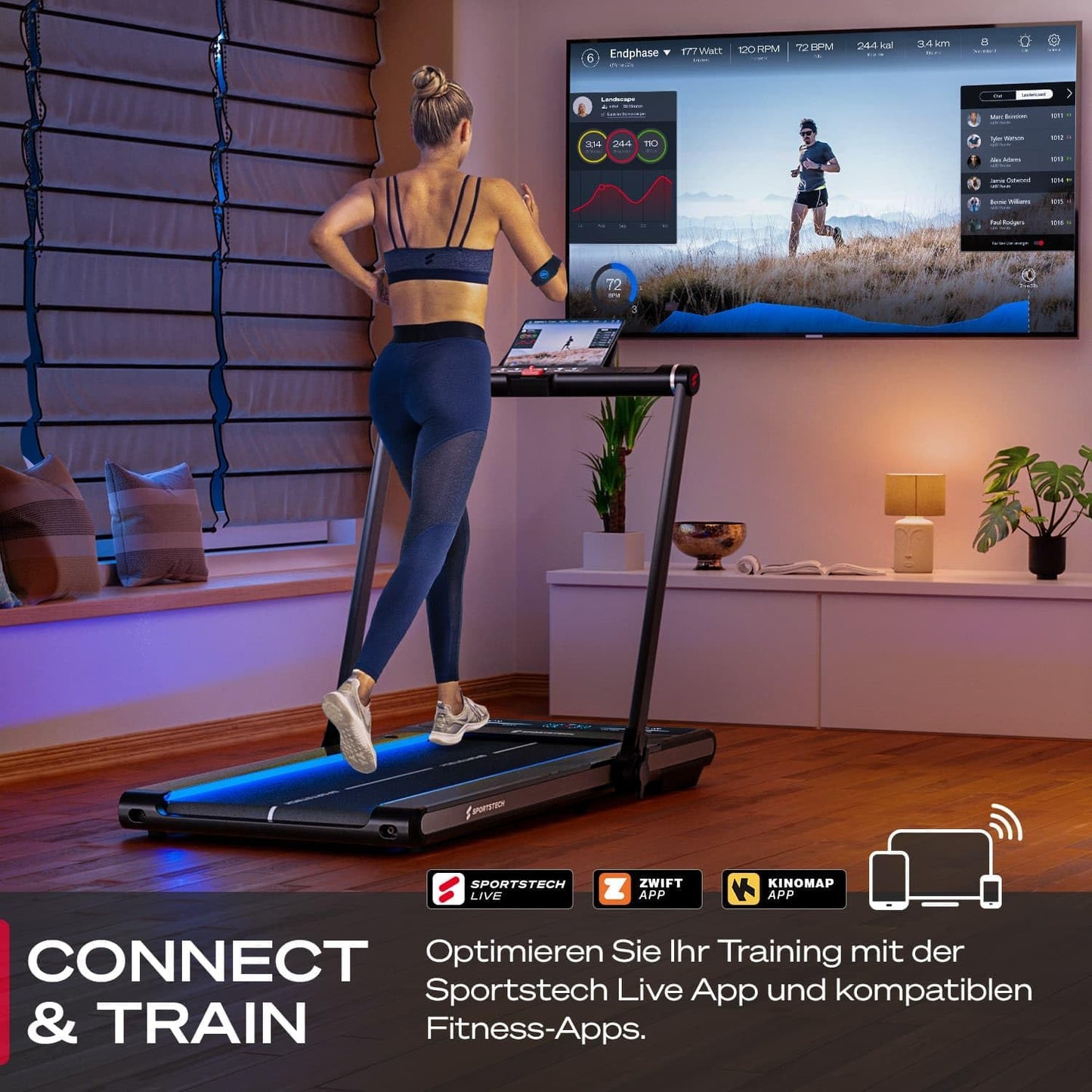 Sportstech Klappbares LED‑Laufband: Walking Pad mit Bluetooth‑App