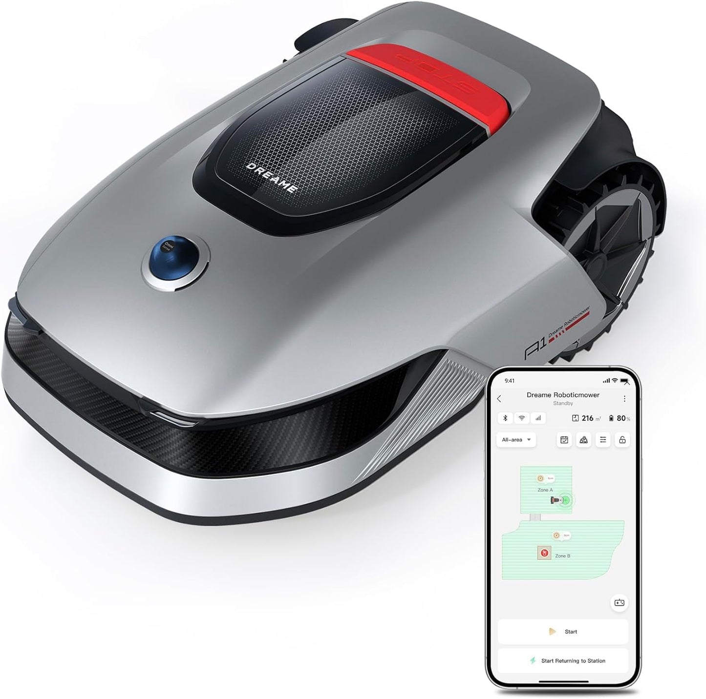 DREAME Intelligenter Mähroboter A1 Pro, Drahtloser Umfang Mähroboter, 2000m², App-Steuerung, OmniSense™ Technologie, Intuitive Zonenverwaltung, Intelligente Hindernisvermeidung, Offroad-Reifen