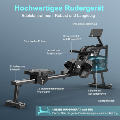 NEEZEE Wasserrudergerät: Bluetooth-Monitor, Tablet-Halterung, 150 kg Kapazität