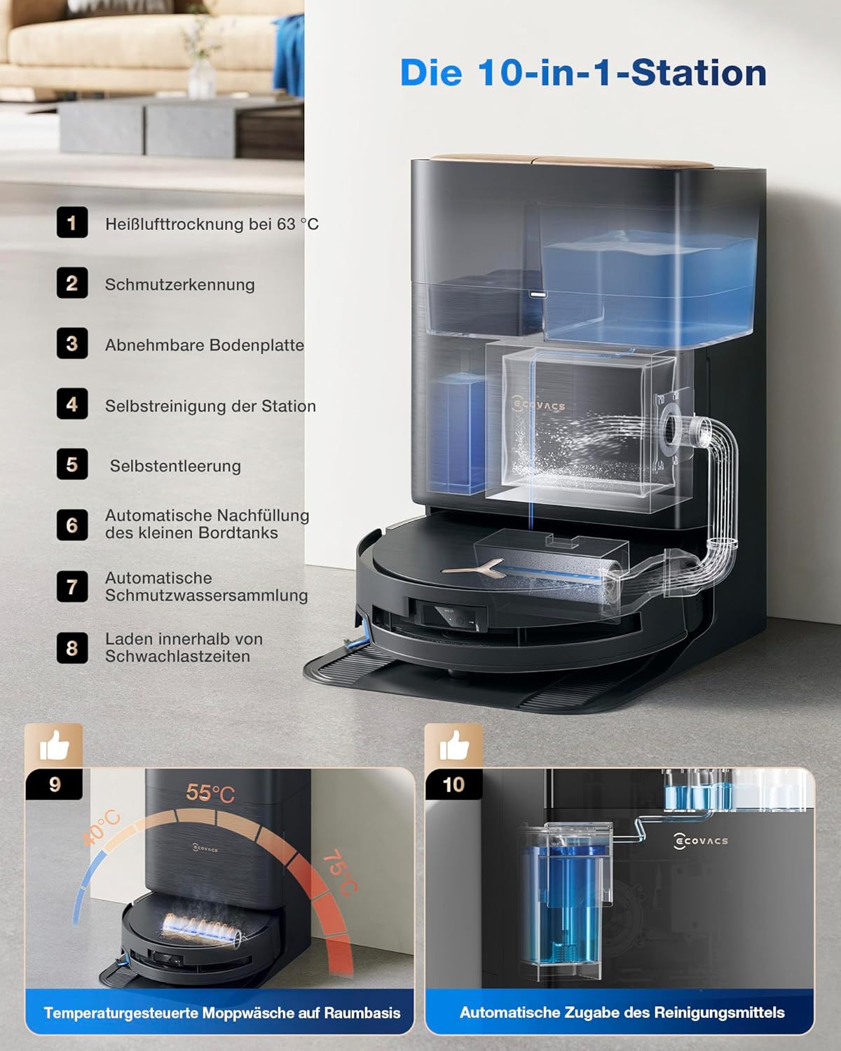 ECOVACS X9 PRO Omni, 16.600Pa, OZMO Roller, ZeroTangle 3.0, Heißwasser-Wischung, TruEdge 2.0, YIKO-GPT